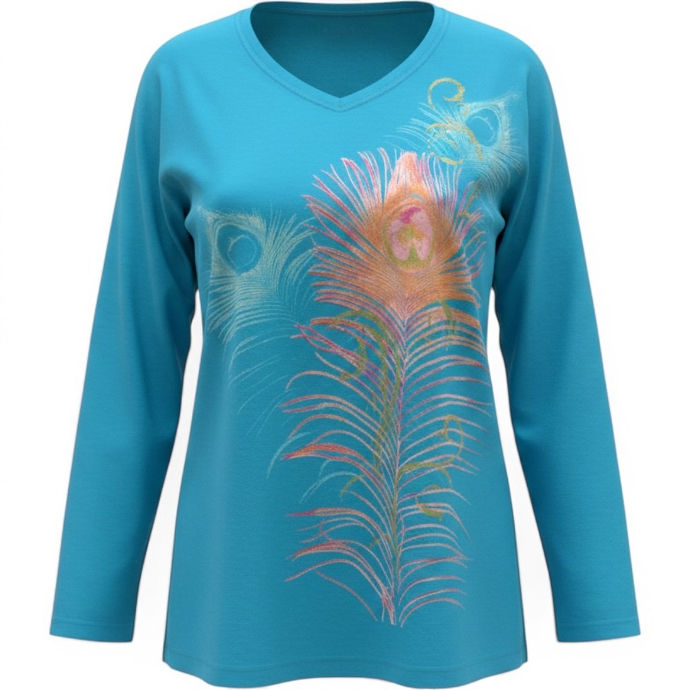 Just My Size JMS Peacock Feather Graphic V-Neck Long Sleeve Tee Turquoise 2X 18W